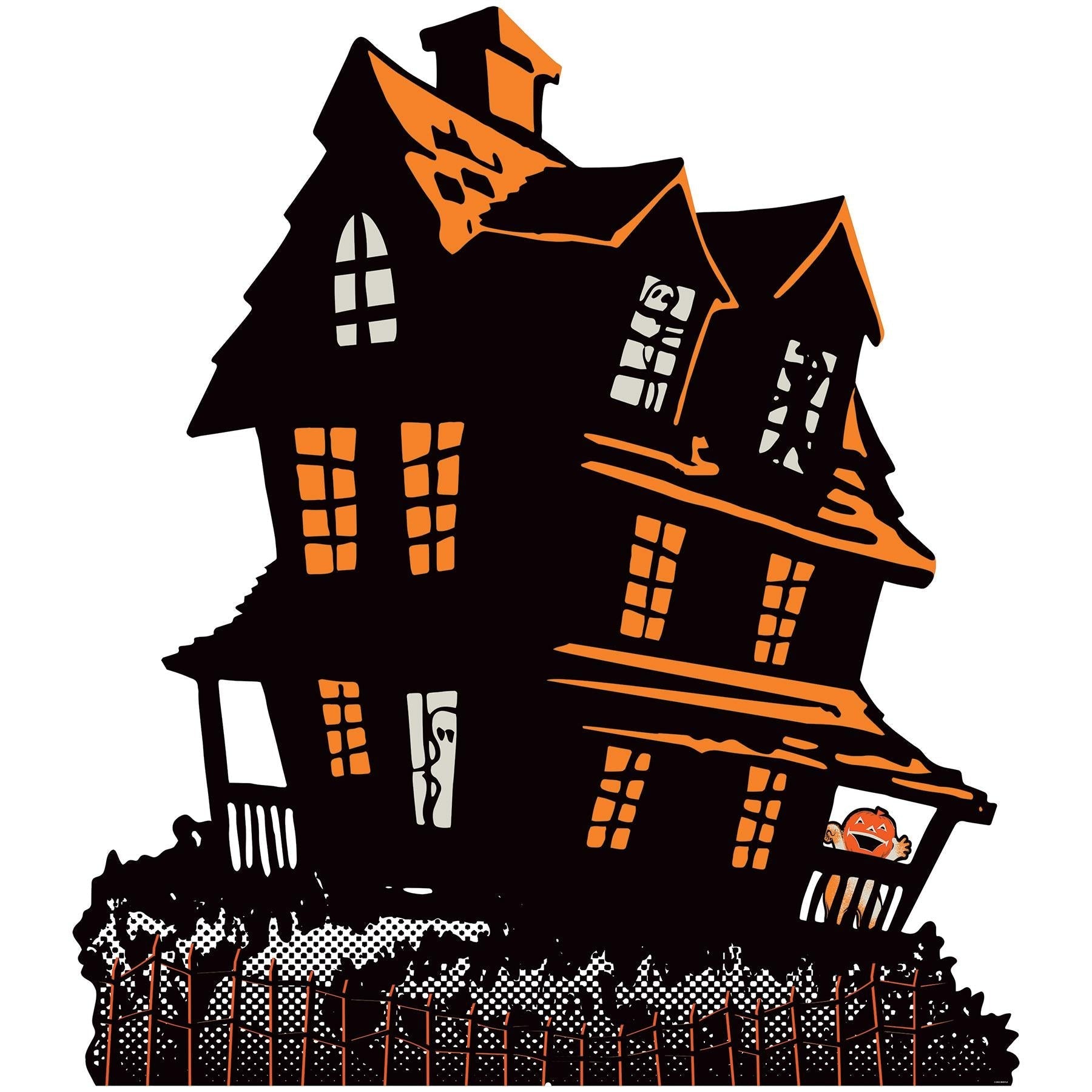 Vintage style haunted house stand-up decoration in black and orange with an attached easel