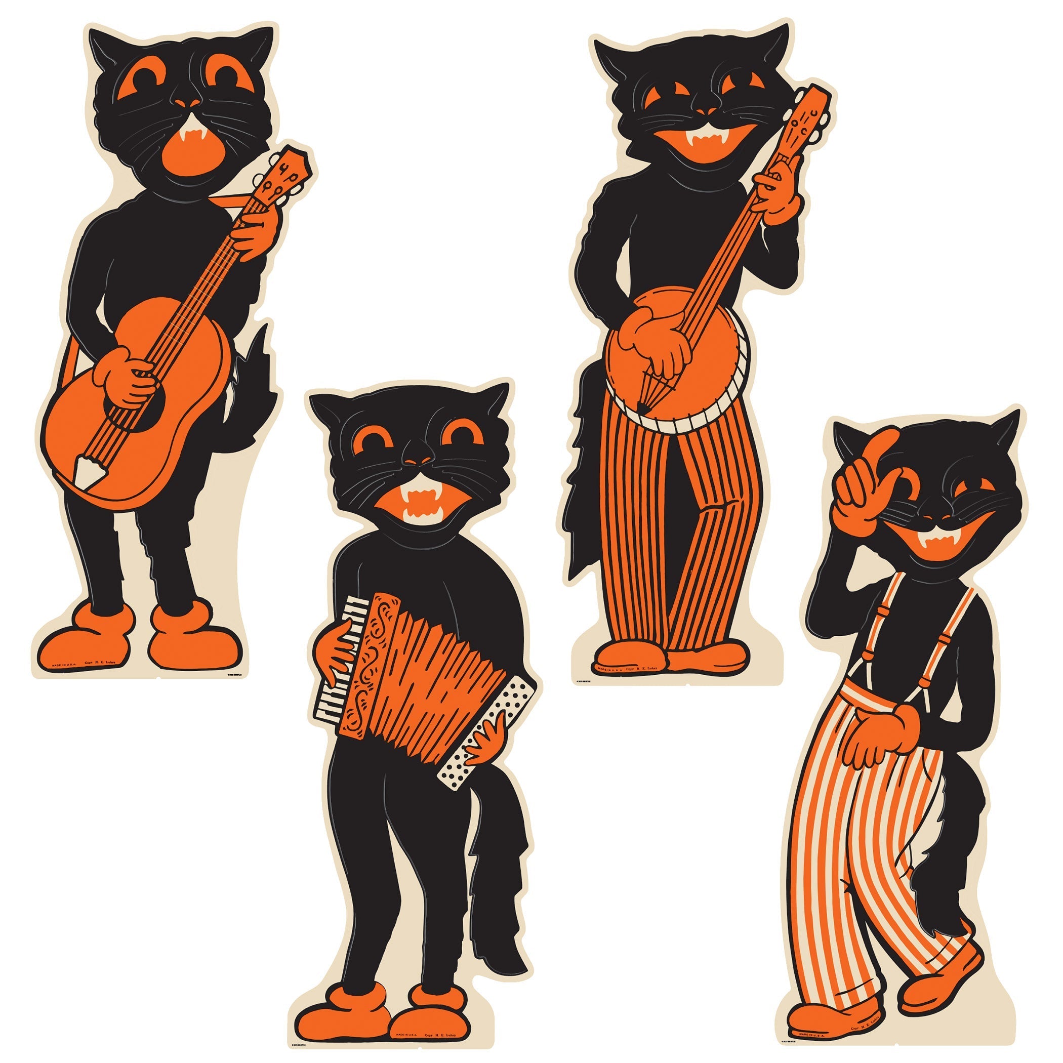 Vintage style scat cat band stand-up decorations, friendly cartoon cats playing instruments in black and orange