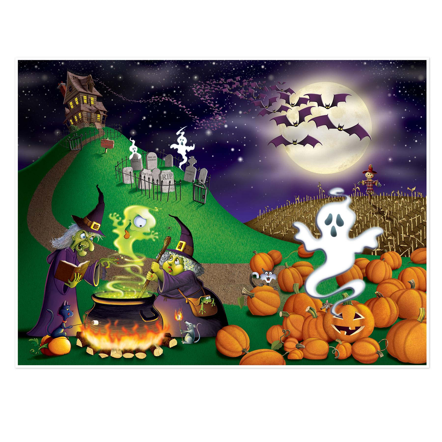 Halloween Insta-Mural zombie graveyard scene, 5 feet by 6 feet, mounted as a photo backdrop wall