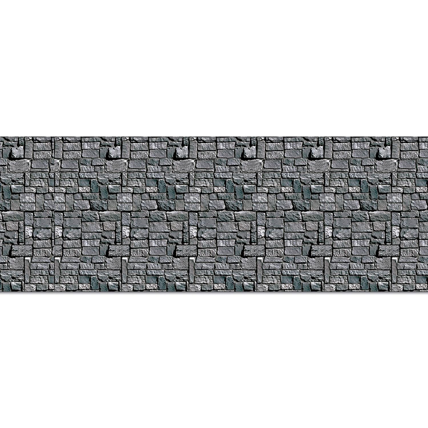Gray stone wall Halloween scene setter backdrop, 4 feet tall by 30 feet long, covering a full wall
