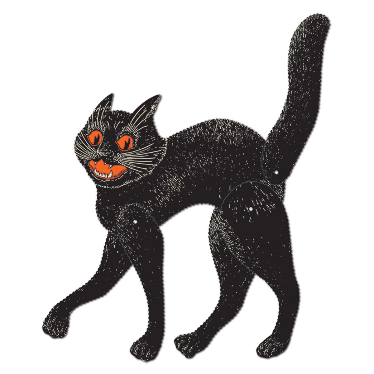 Vintage style jointed scratch cat Halloween decoration in classic black and orange, 20 and a half inches tall