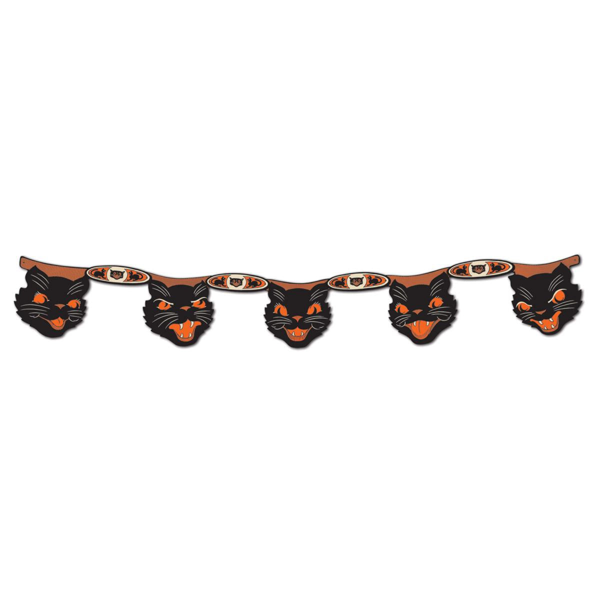 Vintage style jointed black cat streamer in black and orange, reproduced from 1948 Halloween artwork