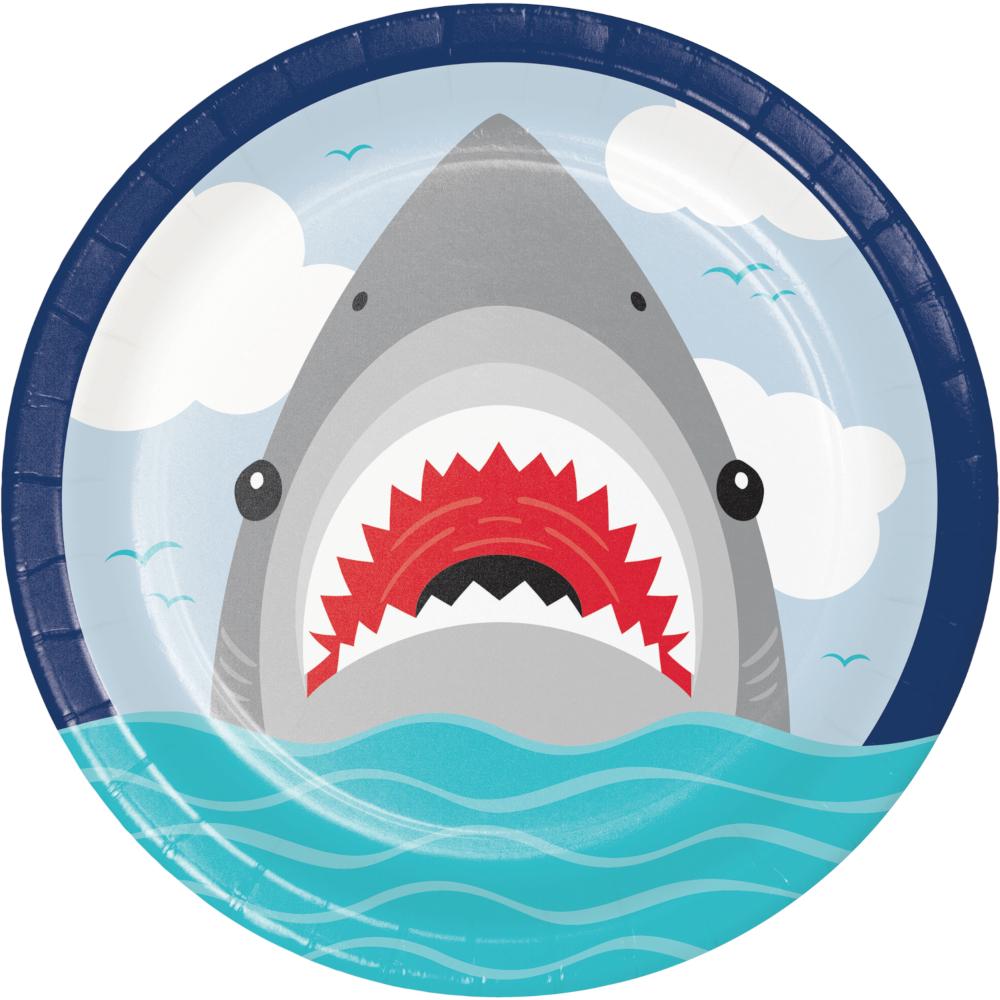 Shark Party dinner plates with a great white shark design in blue, gray, and red, sold 8 to a package