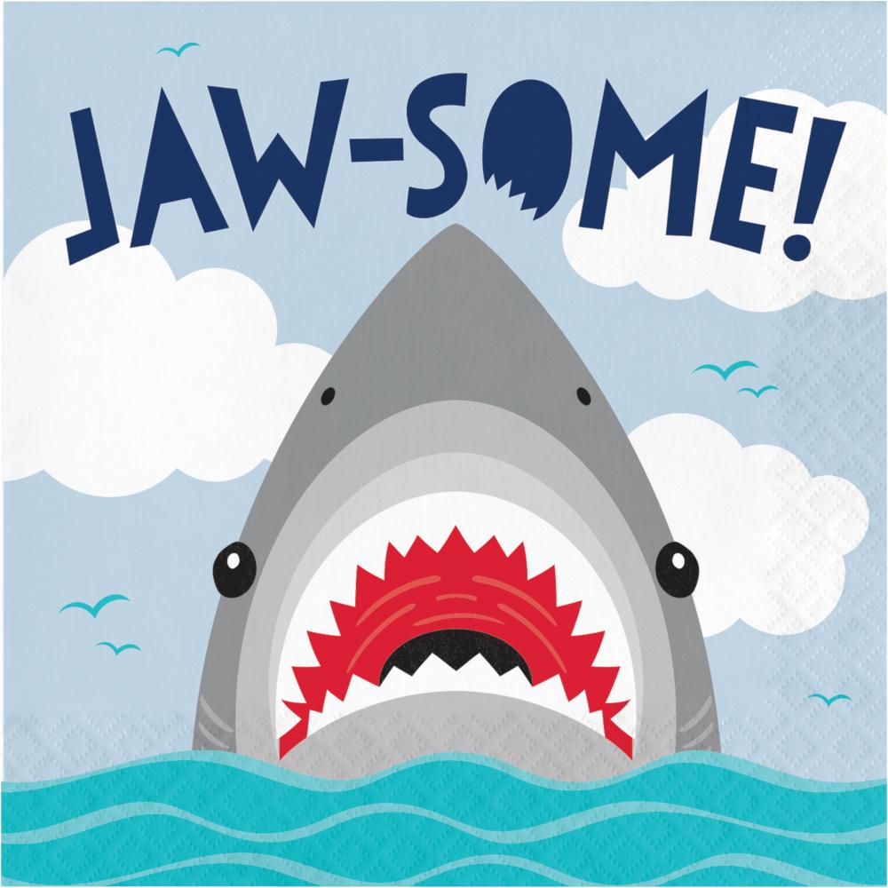Shark Party luncheon napkins with a toothy great white shark design in blue, black, and white