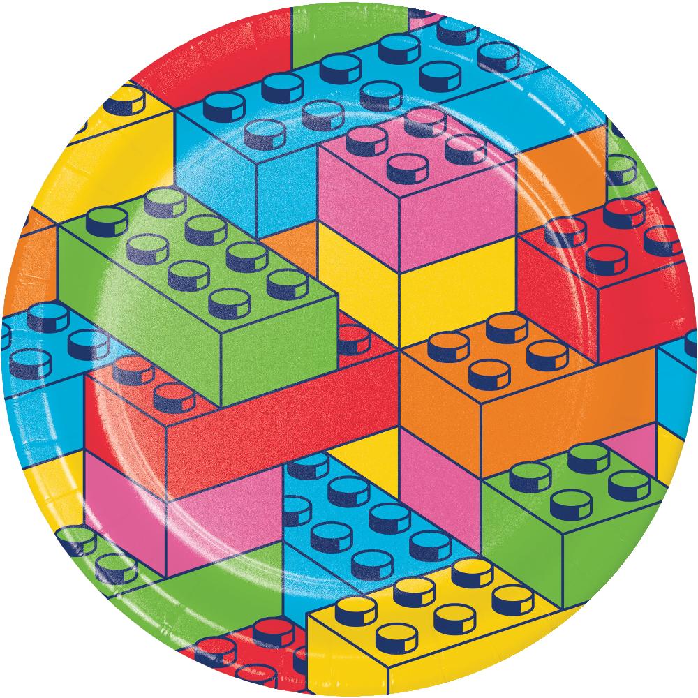 Block Bash dinner plates in red, yellow, and blue building block print, sold 8 to a package