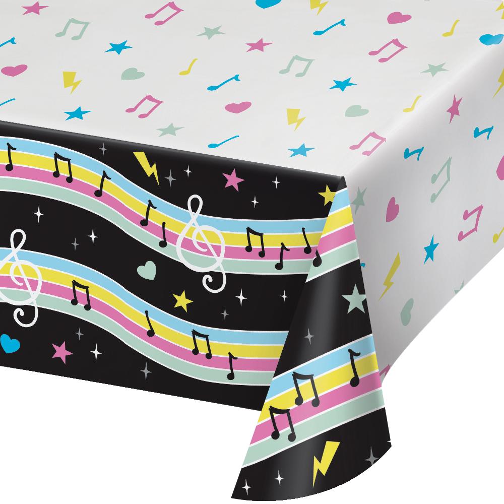Birthday Beats printed paper tablecover set up for an indoor kids birthday party