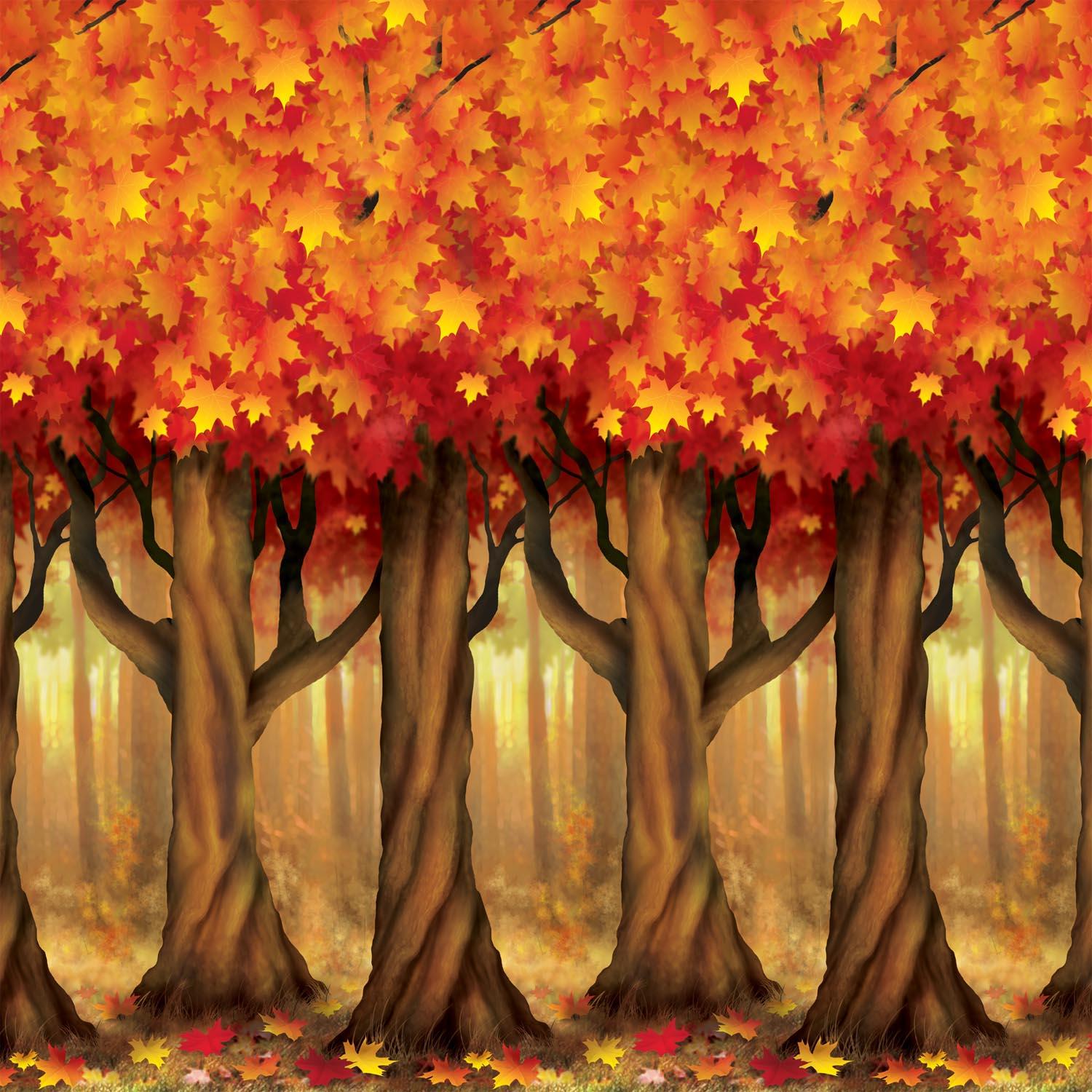 Fall trees Thanksgiving wall backdrop in brown and red covering a long banquet room wall
