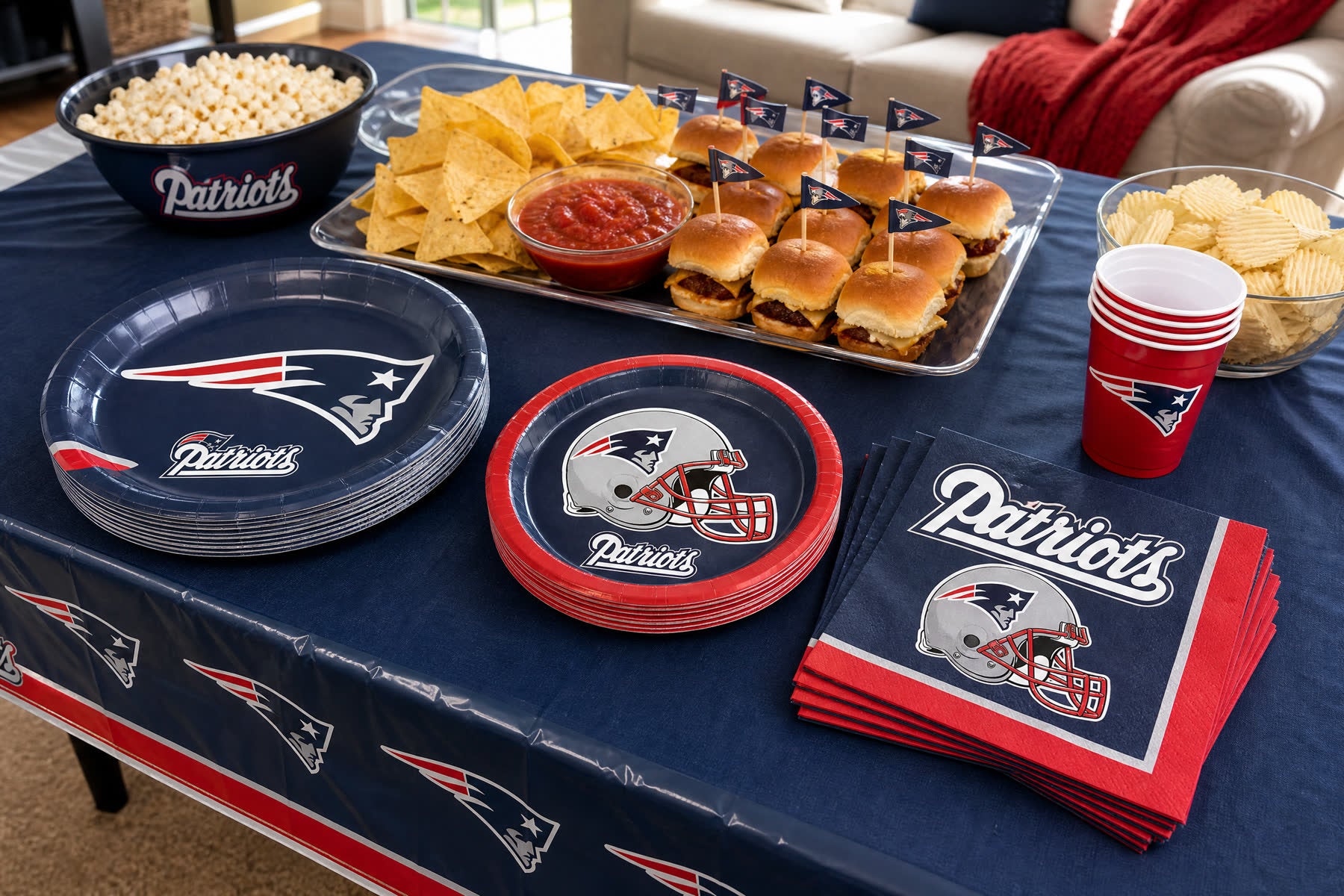 Easy Patriots game day watch party setup with football party decorations