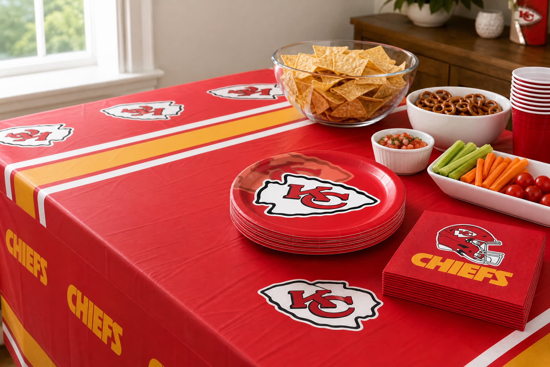 Kansas City Chiefs watch party table with matching red and gold tableware