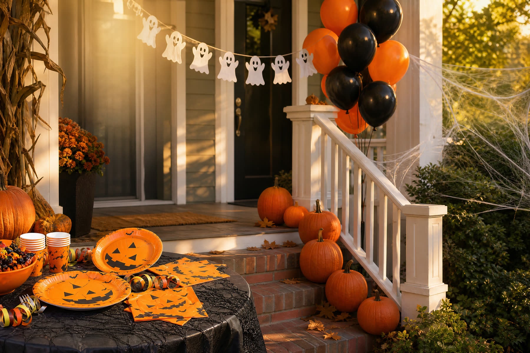 Vintage Halloween porch decor with retro pumpkins and ghost garland