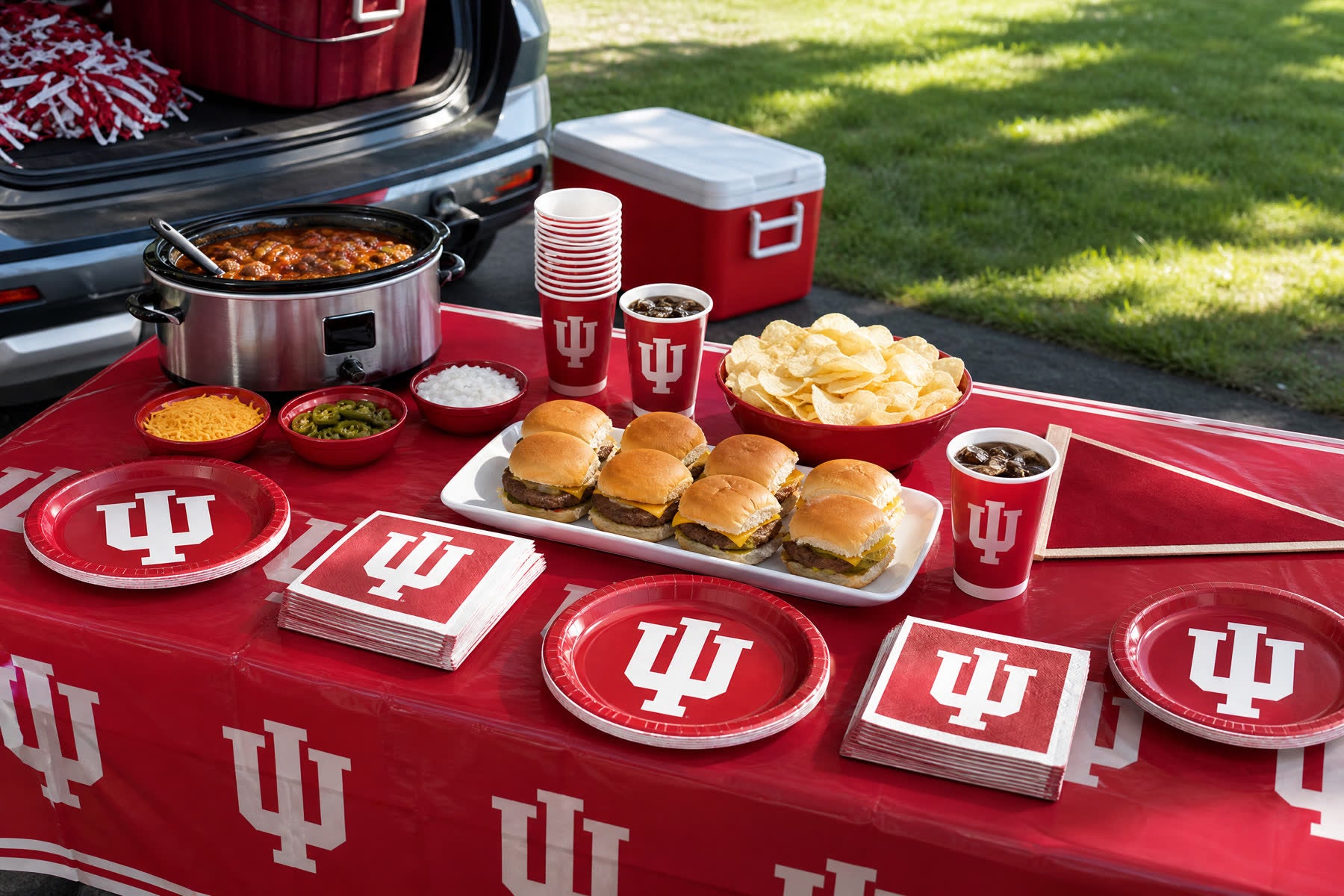 Indiana Hoosiers tailgate table with crimson and cream party supplies