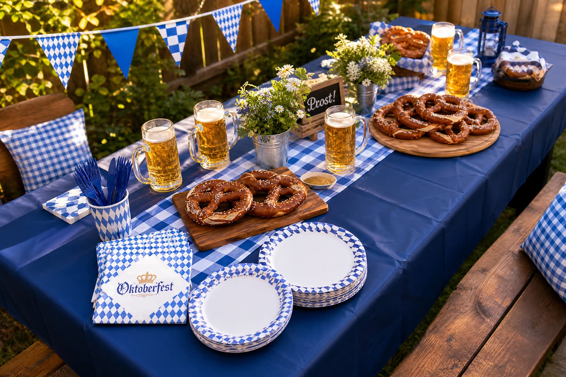 Backyard Oktoberfest biergarten party table with blue-and-white decorations