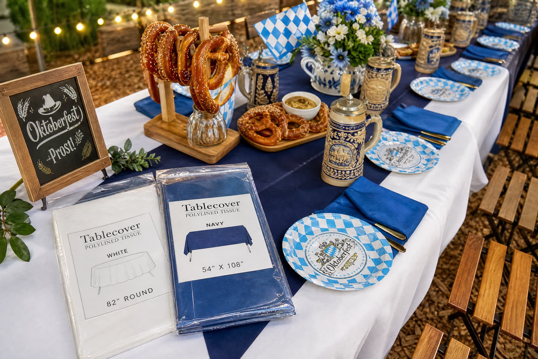 Oktoberfest tableware ideas for a blue and white beer fest setup