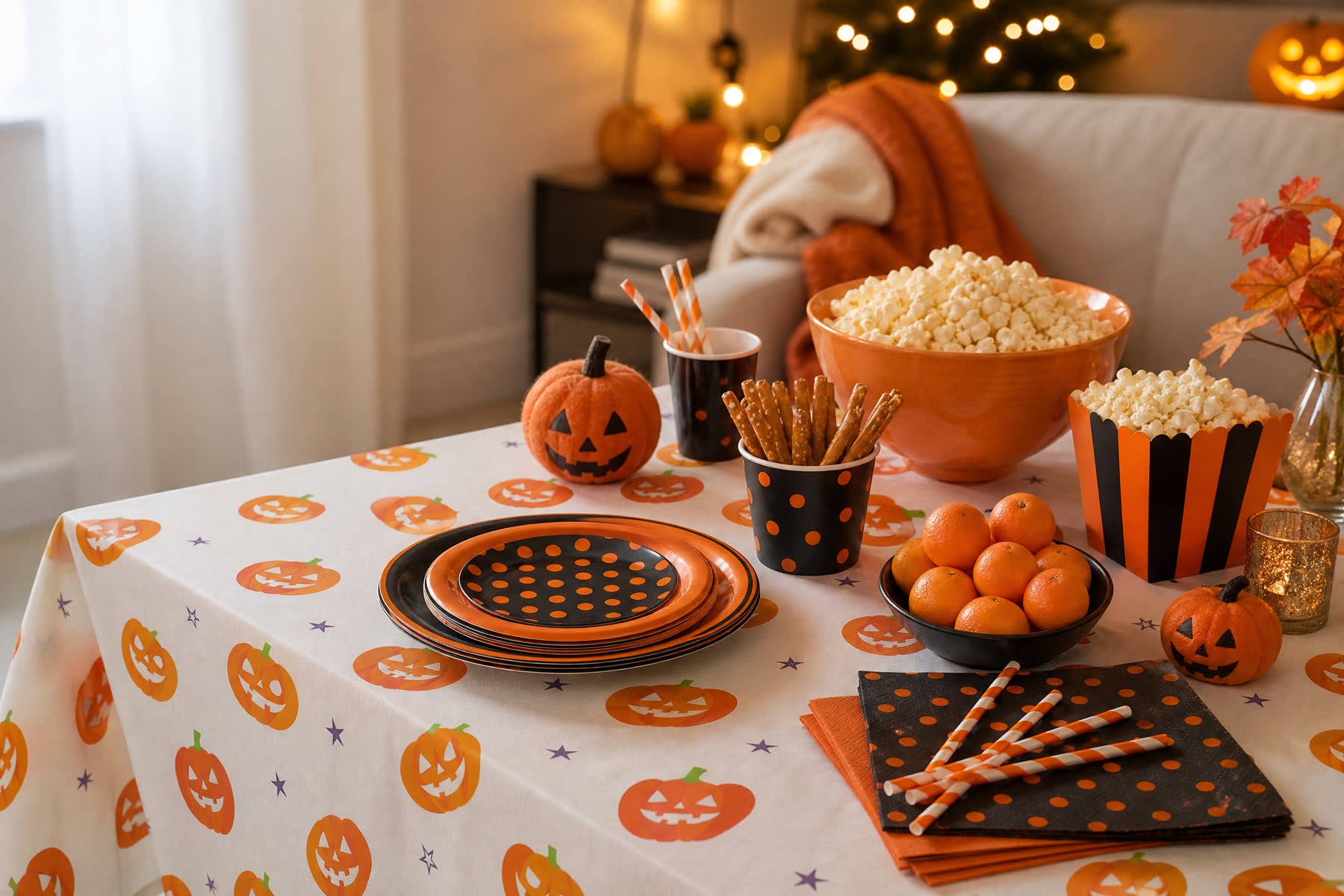 Halloween party decorations for a kids' movie night snack table