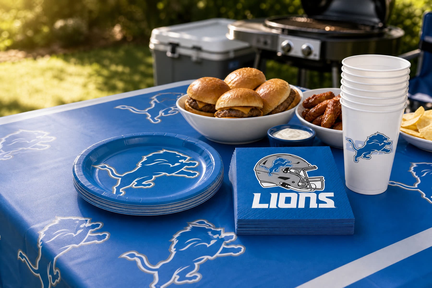 Detroit Lions tailgate party table with team plates, napkins, cups, and table cover