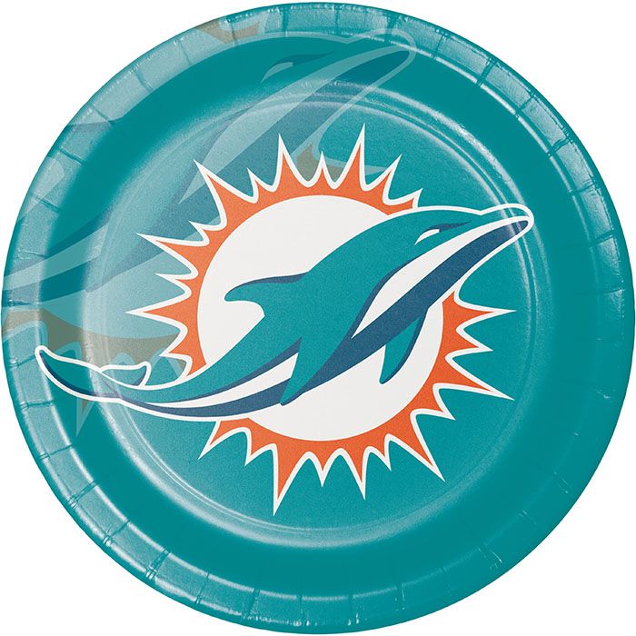 Miami Dolphins heavyweight paperboard dinner plates in aqua, white, and orange, 8.75 inches across
