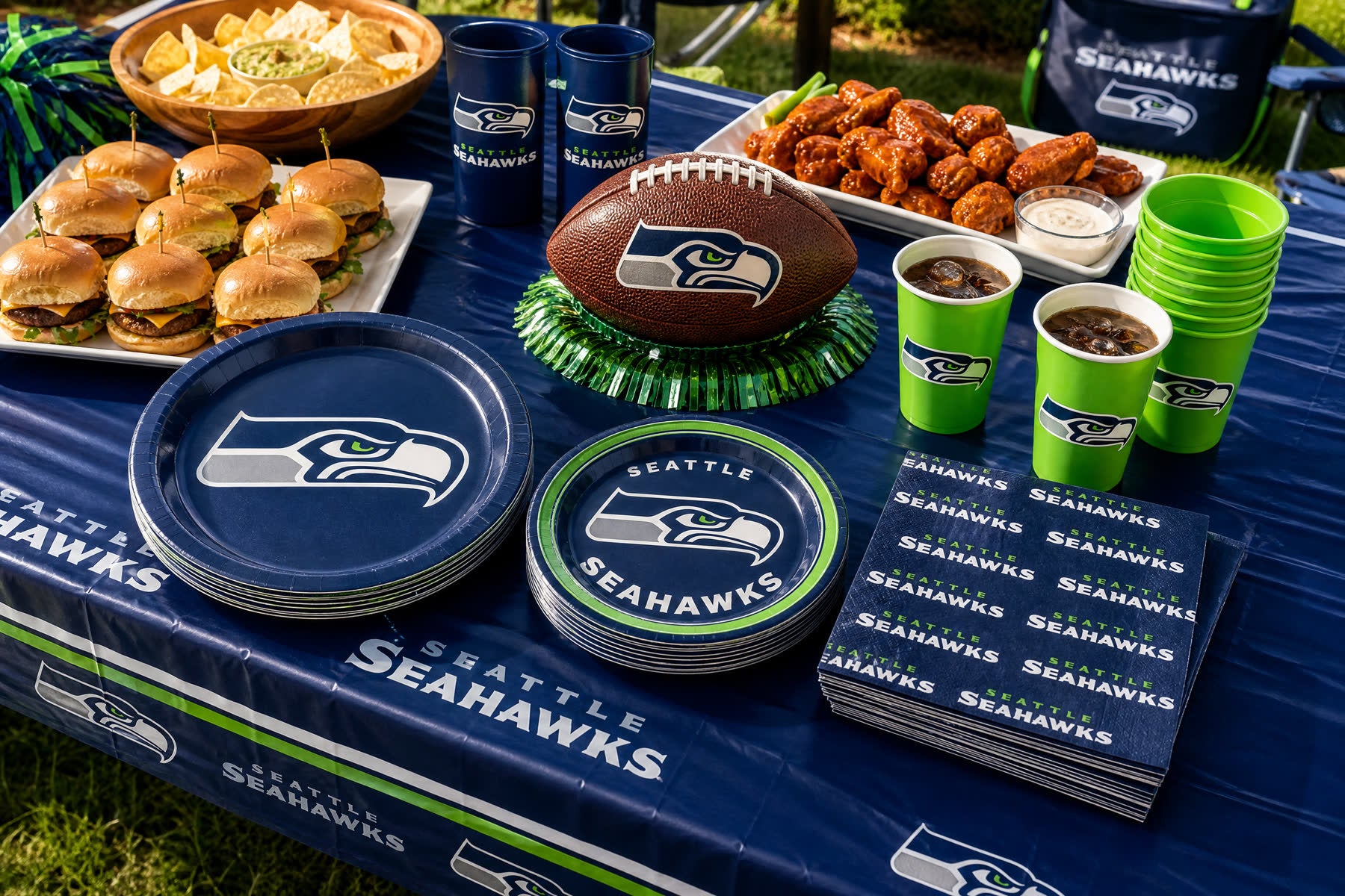 Seattle Seahawks football party table with navy and action-green decorations