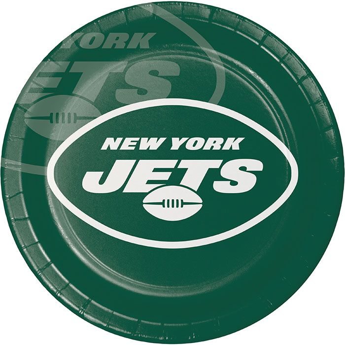 New York Jets dinner plates in green and white on heavyweight paperboard, sold 8 per package