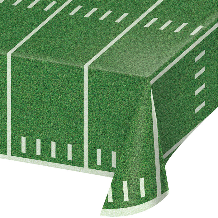 Football field plastic tablecover with green and white turf design for a game day party table