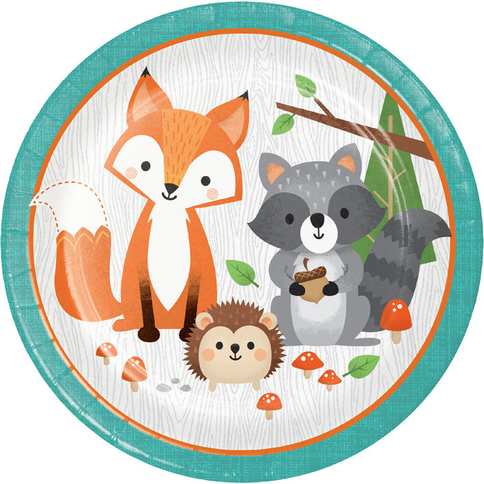 Wild One Woodland paper plates featuring woodland animals in turquoise, orange, and white