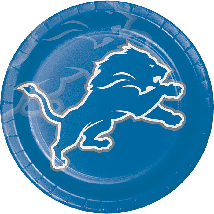 Detroit Lions paper dinner plates in blue and white heavyweight paperboard, 8 per package