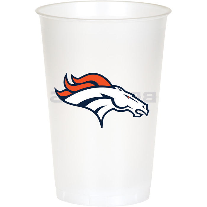 Denver Broncos 20 oz plastic cups in white, orange and navy, 8 per package