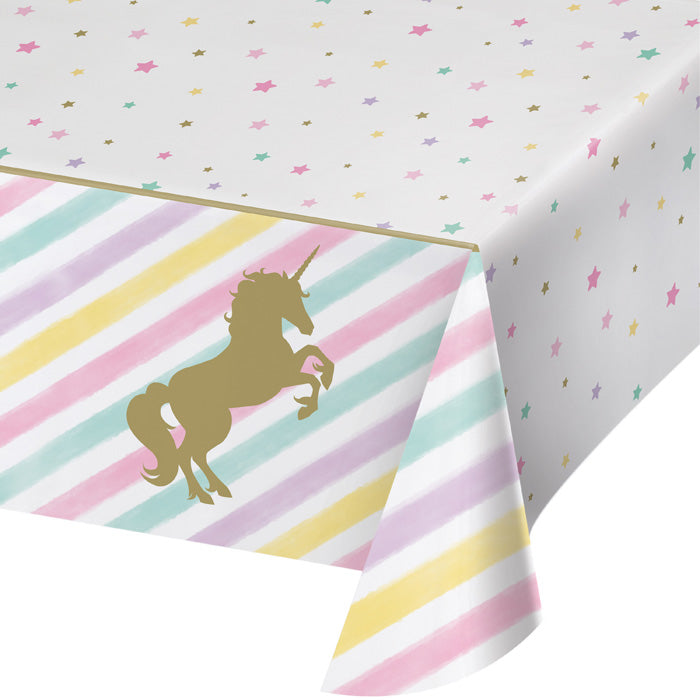 Unicorn Sparkle plastic table cover printed with gold unicorns on pink and purple