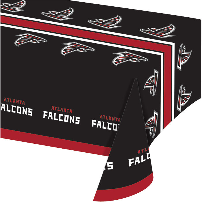 Atlanta Falcons mediumweight plastic table cover in black, red, and white, 54 by 102 inches