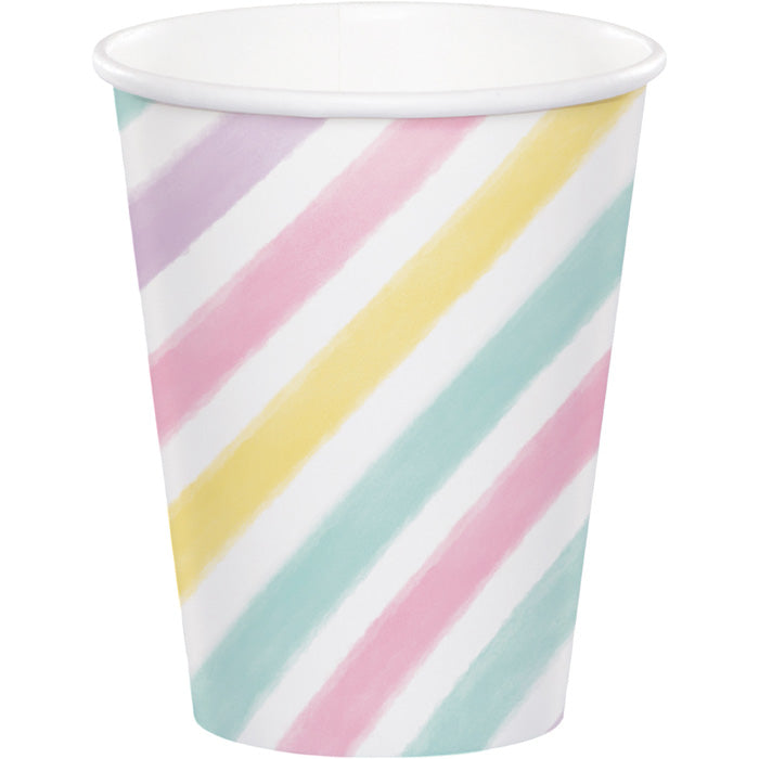 Unicorn Sparkle 9 ounce hot and cold paper cups in white, pink, and yellow, sold 8 to a package