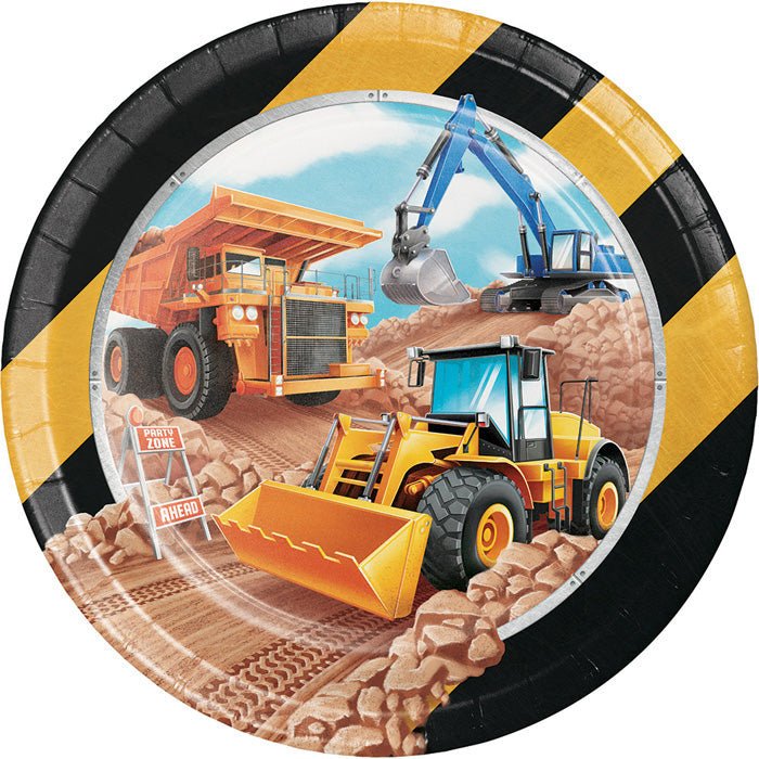 Big Dig Construction paper plates printed with a yellow bulldozer and orange dump truck