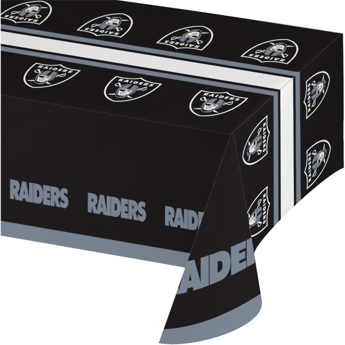 Las Vegas Raiders plastic table cover in black, gray and white, 54 by 102 inches