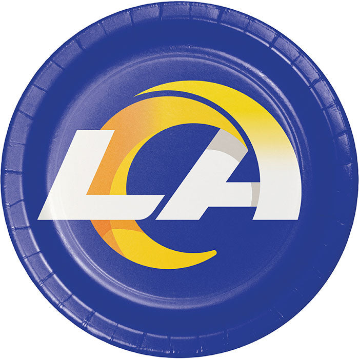 Los Angeles Rams dinner plates in blue, yellow and white heavyweight paperboard, 8 per package