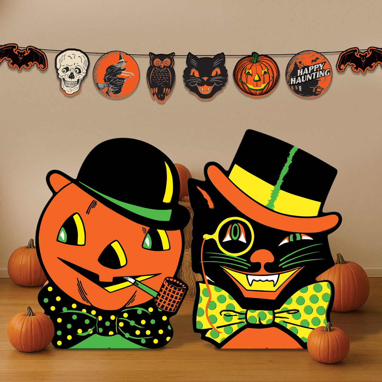 Vintage Halloween Cat & Jack-O'-Lantern Stand-Up Decorations (2-Pack)