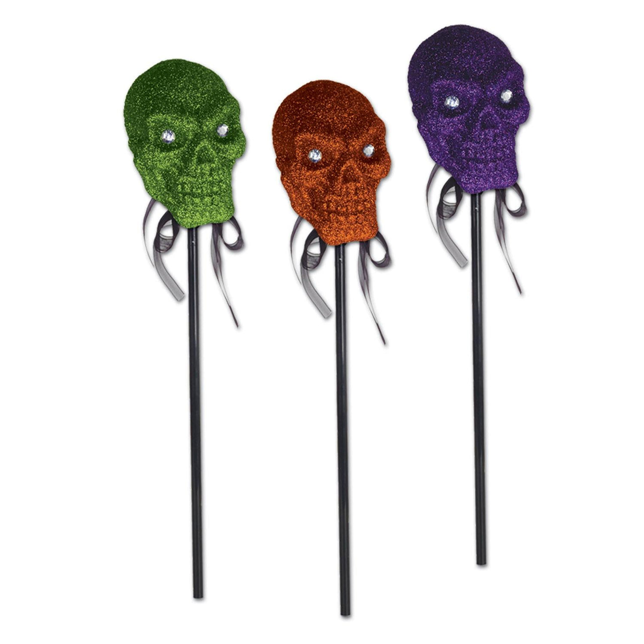 Halloween Glittered Plastic Skull with Stick - Bulk/12 Skull with Sticks