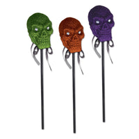 Halloween Glittered Plastic Skull with Stick - Bulk/12 Skull with Sticks