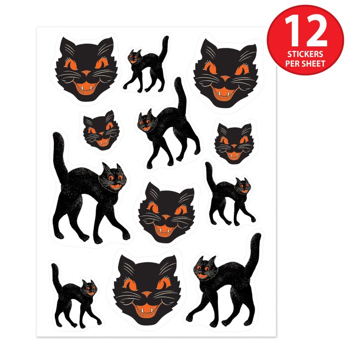 12 Packs Bulk Vintage Halloween Black Cat Stickers 4/Pack