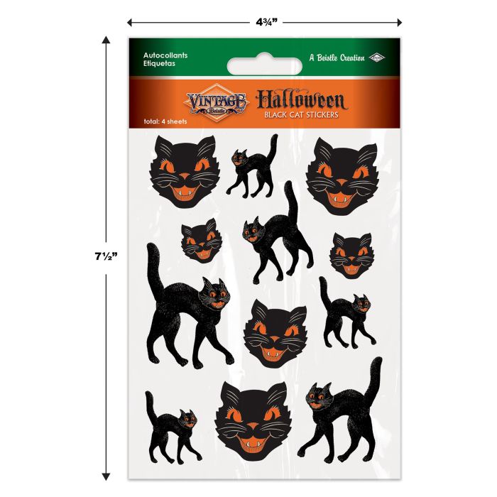12 Packs Bulk Vintage Halloween Black Cat Stickers 4/Pack