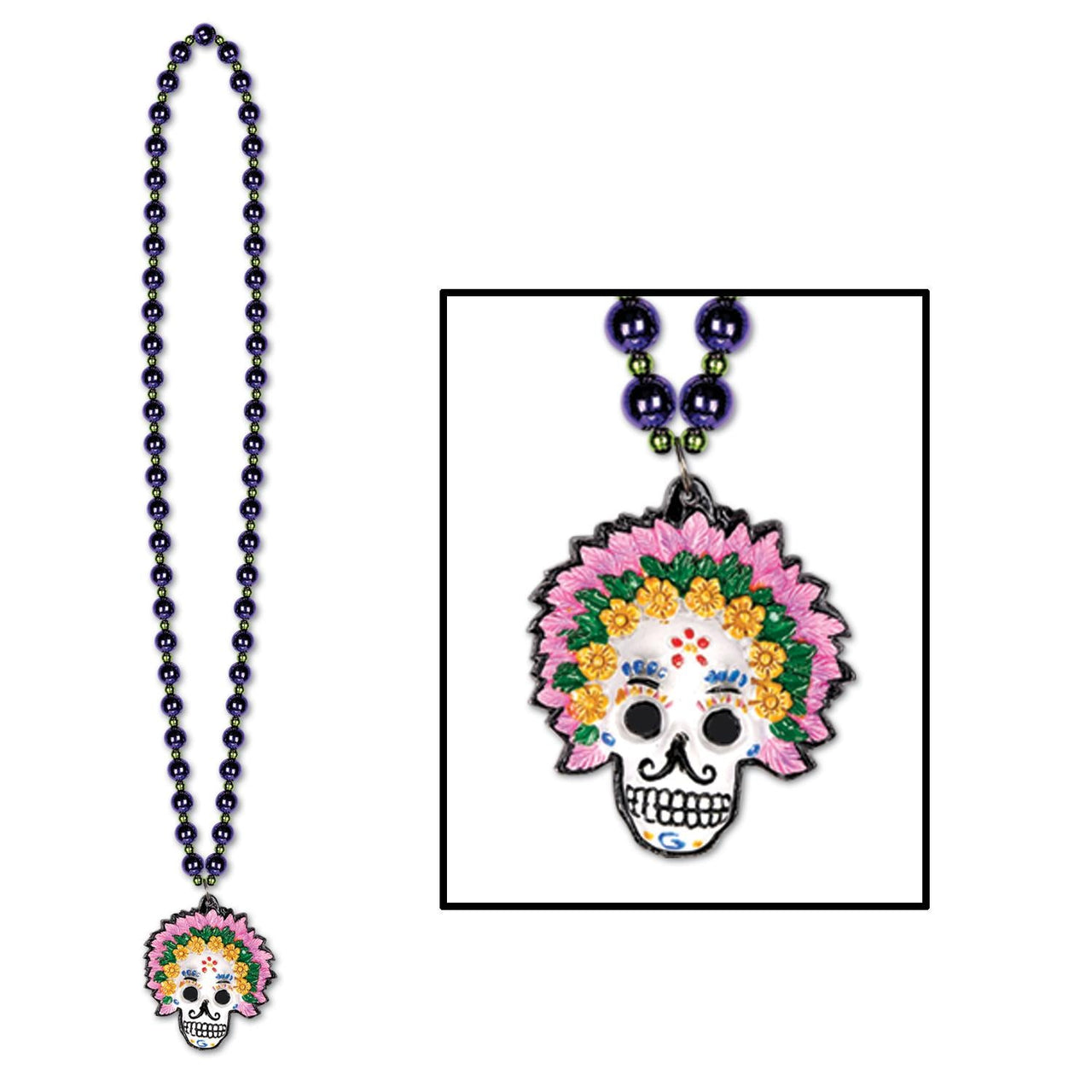 Bead Necklace with Day Of The Dead Medallion - Bulk 12 Pack