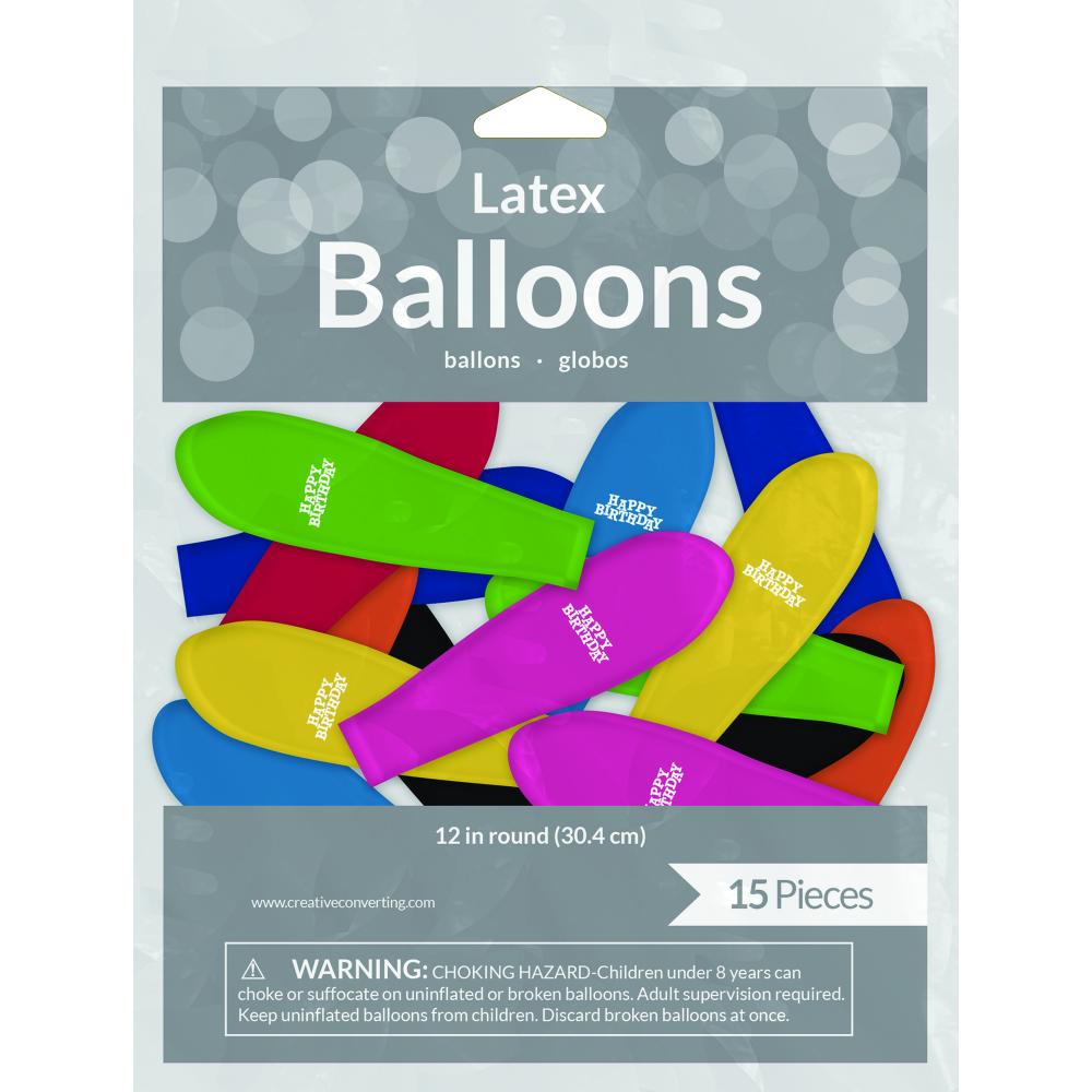 Balloons, 12" Asst Happy Birthday, 15 ct Party Decoration