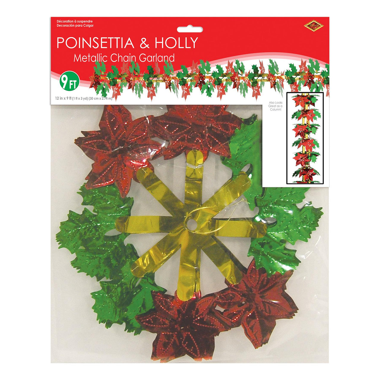 Beistle Poinsettia & Holly Garland/Column (Pack of 12) - Christmas Garland, Christmas Party Decorations, Christmas Party Supplies