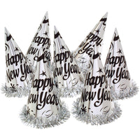 Five white party hats with 'Happy New Year' text and tinsel trim on a white background