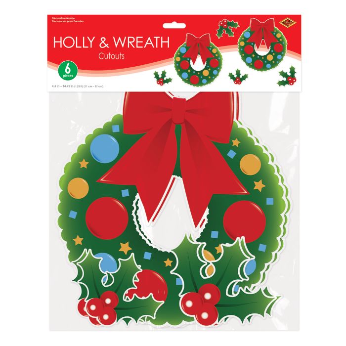 72 Pack Bulk Holly/Wreath Cutout Decorations