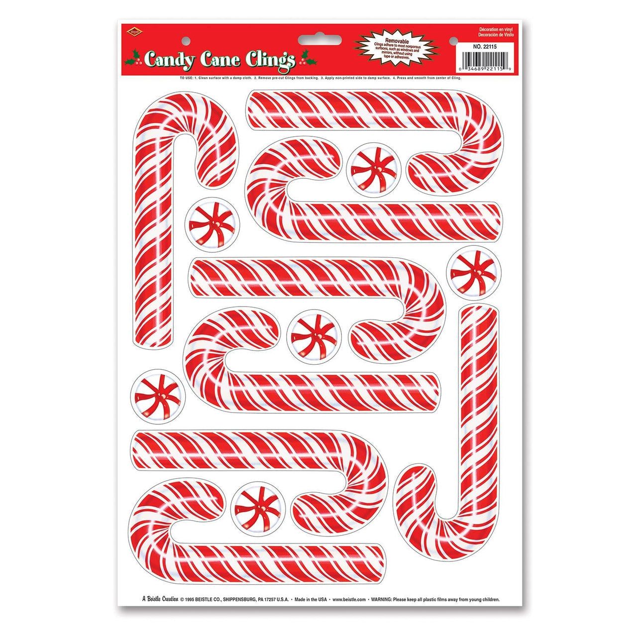 Christmas Candy Cane Clings - Bulk/96 Clings