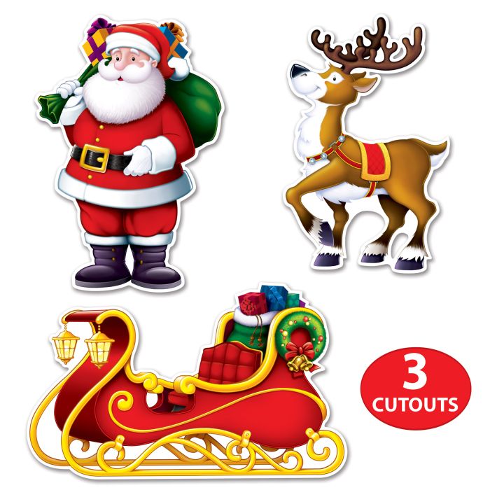 36 Pack Bulk Santa, Sleigh/Reindeer Cutout Decorations