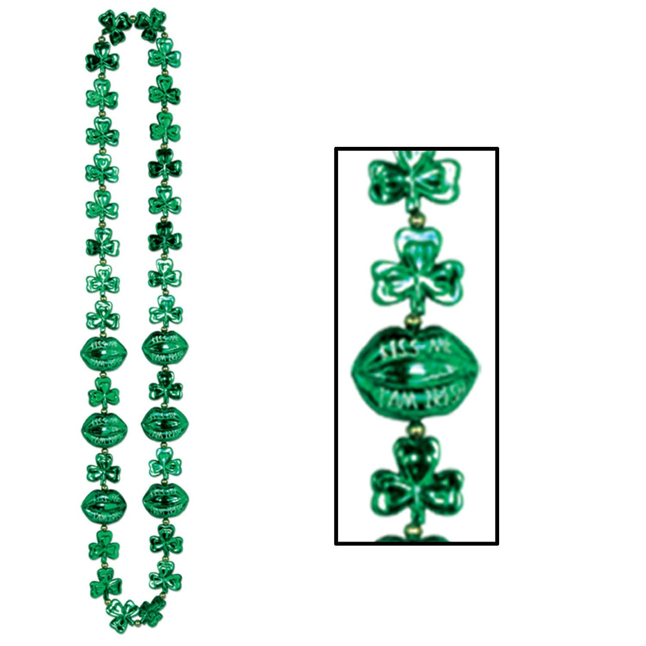 St. Patrick's Day Shamrock Bead Necklaces with Kiss Me Lips - Bulk 12 Pack