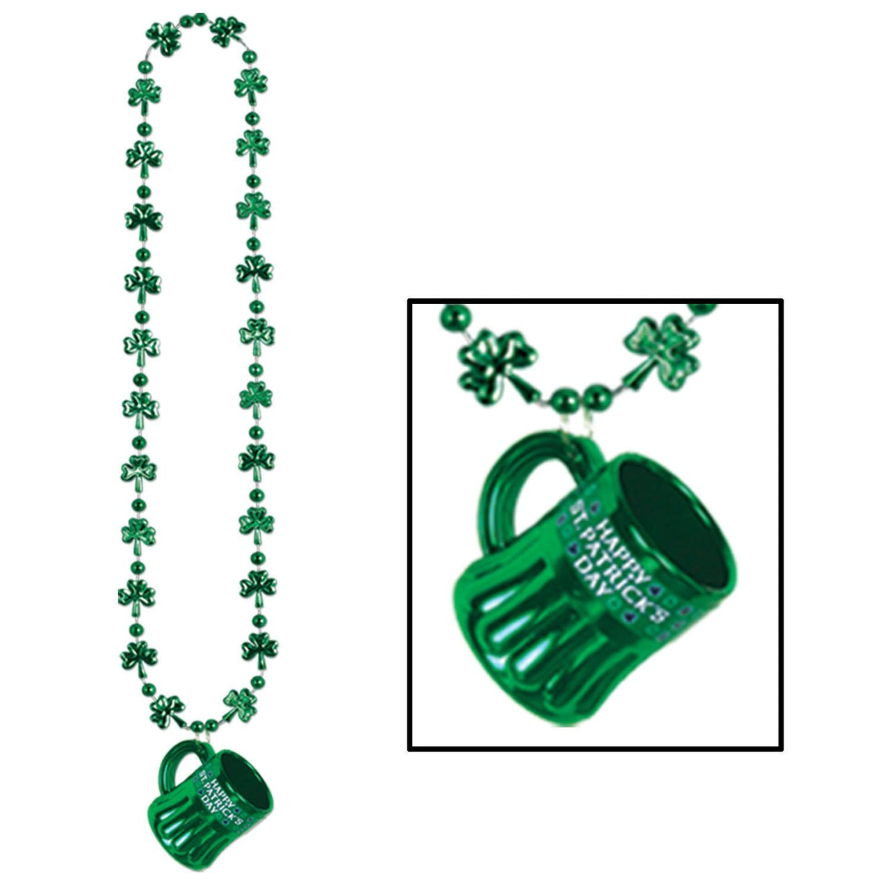 St. Patrick's Day Shamrock Bead Necklaces with Happy St Pat's Mug - Bulk 12 Pack