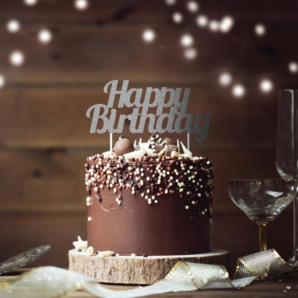 Silver Glitter Happy Birthday Cake Topper Party Decoration