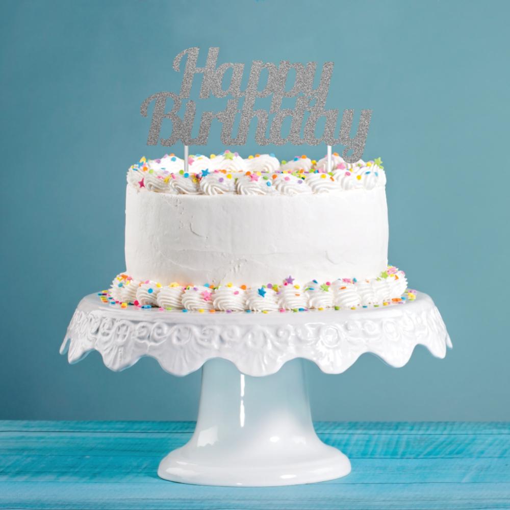 Silver Glitter Happy Birthday Cake Topper Party Decoration