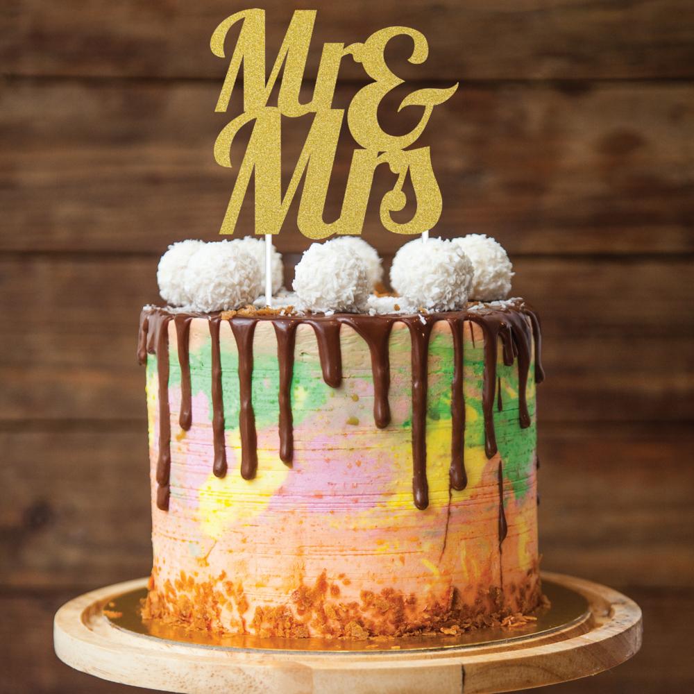 12ct Bulk Gold Glitter Mr & Mrs Cake Toppers