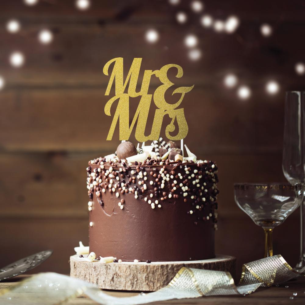 12ct Bulk Gold Glitter Mr & Mrs Cake Toppers